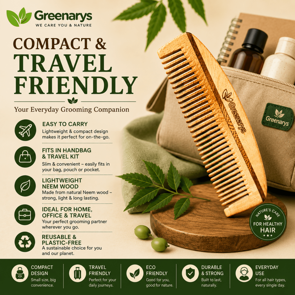Greenarys Ruby Comb | Oil Treated Neem Wood Dual Tooth Hair Comb | Eco-Friendly Hair Grooming - Greenarys