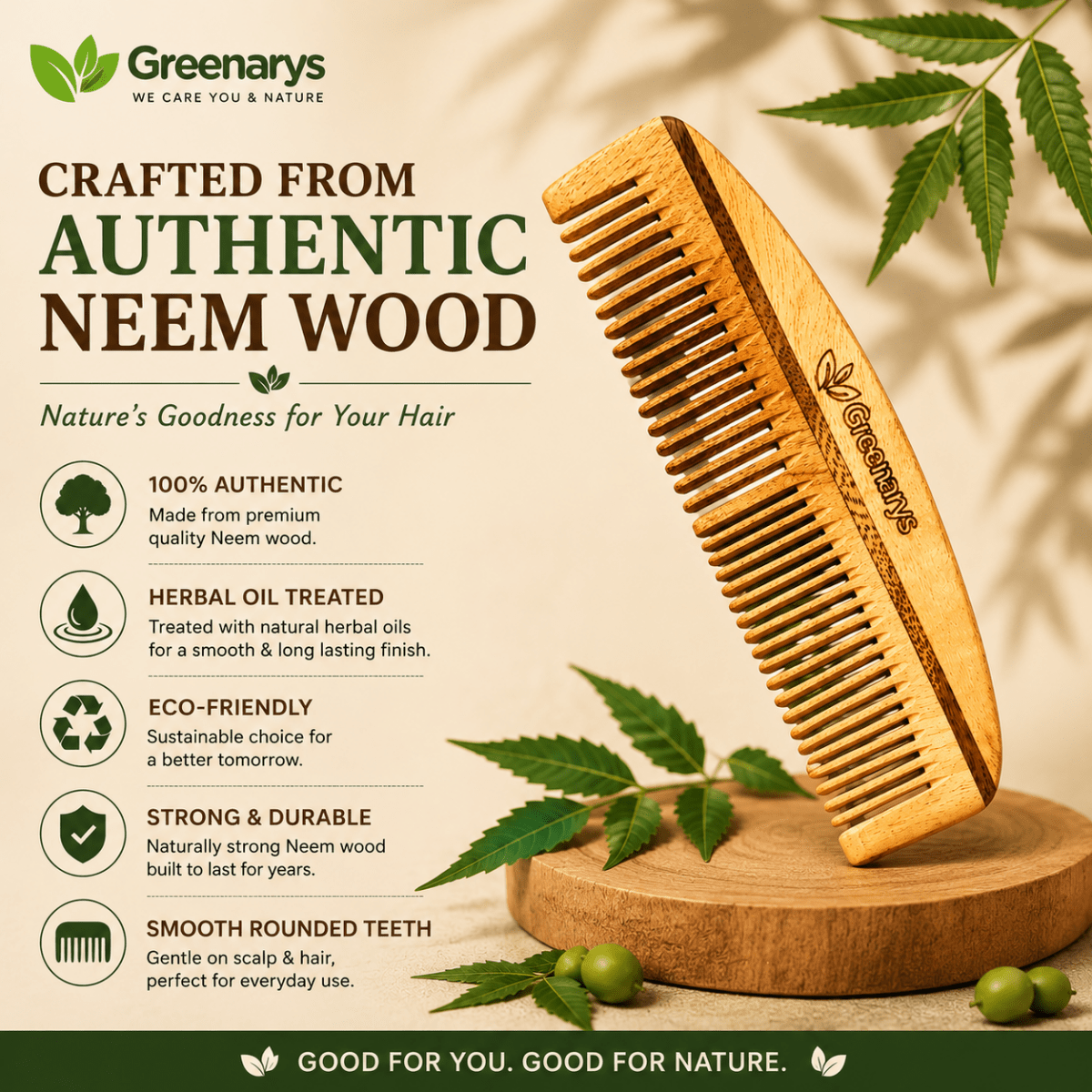 Greenarys Ruby Comb | Oil Treated Neem Wood Dual Tooth Hair Comb | Eco-Friendly Hair Grooming - Greenarys