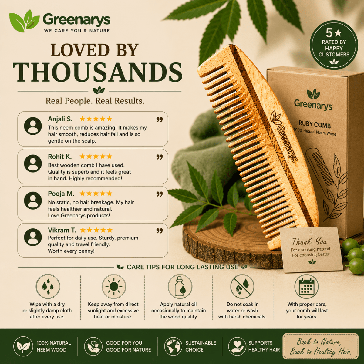 Greenarys Ruby Comb | Oil Treated Neem Wood Dual Tooth Hair Comb | Eco-Friendly Hair Grooming - Greenarys