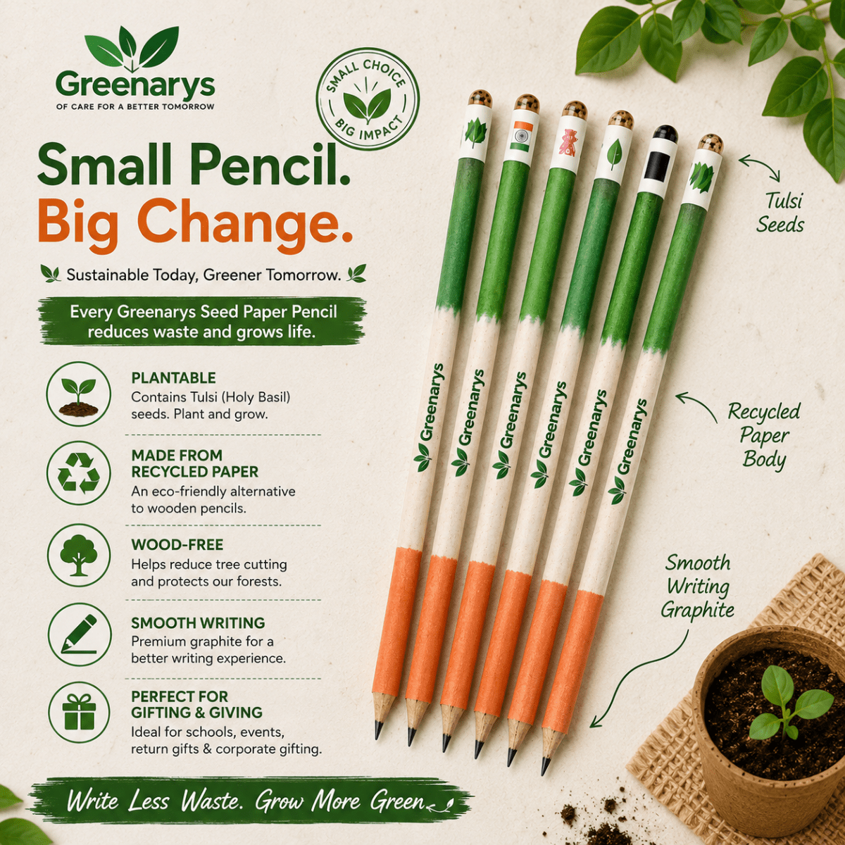 Greenarys Tri-Color Paper Seed Pencil | Recycled Paper Plantable Pencil Set Tiranga Color - Greenarys