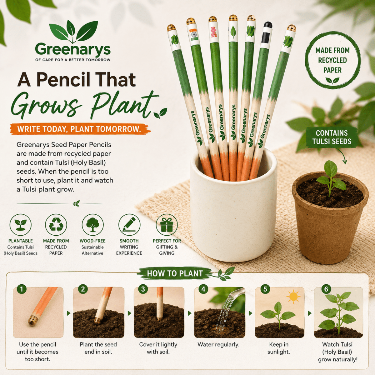 Greenarys Tri-Color Paper Seed Pencil | Recycled Paper Plantable Pencil Set Tiranga Color - Greenarys