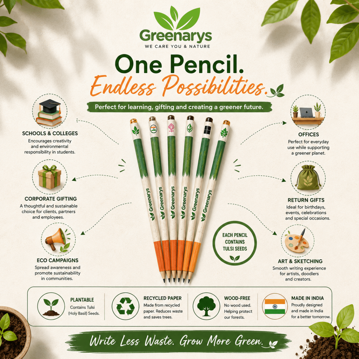 Greenarys Tri-Color Paper Seed Pencil | Recycled Paper Plantable Pencil Set Tiranga Color - Greenarys