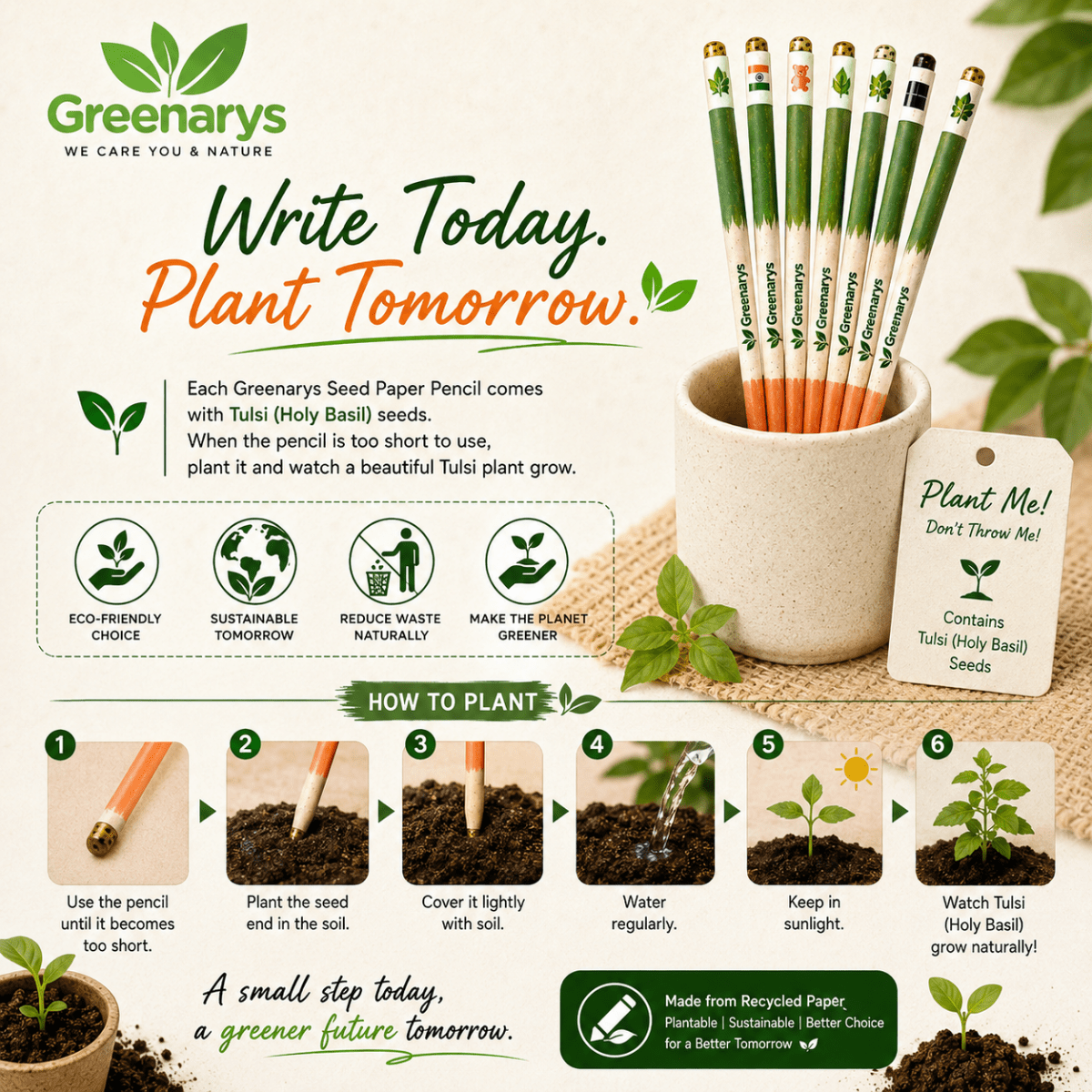 Greenarys Tri-Color Paper Seed Pencil | Recycled Paper Plantable Pencil Set Tiranga Color - Greenarys