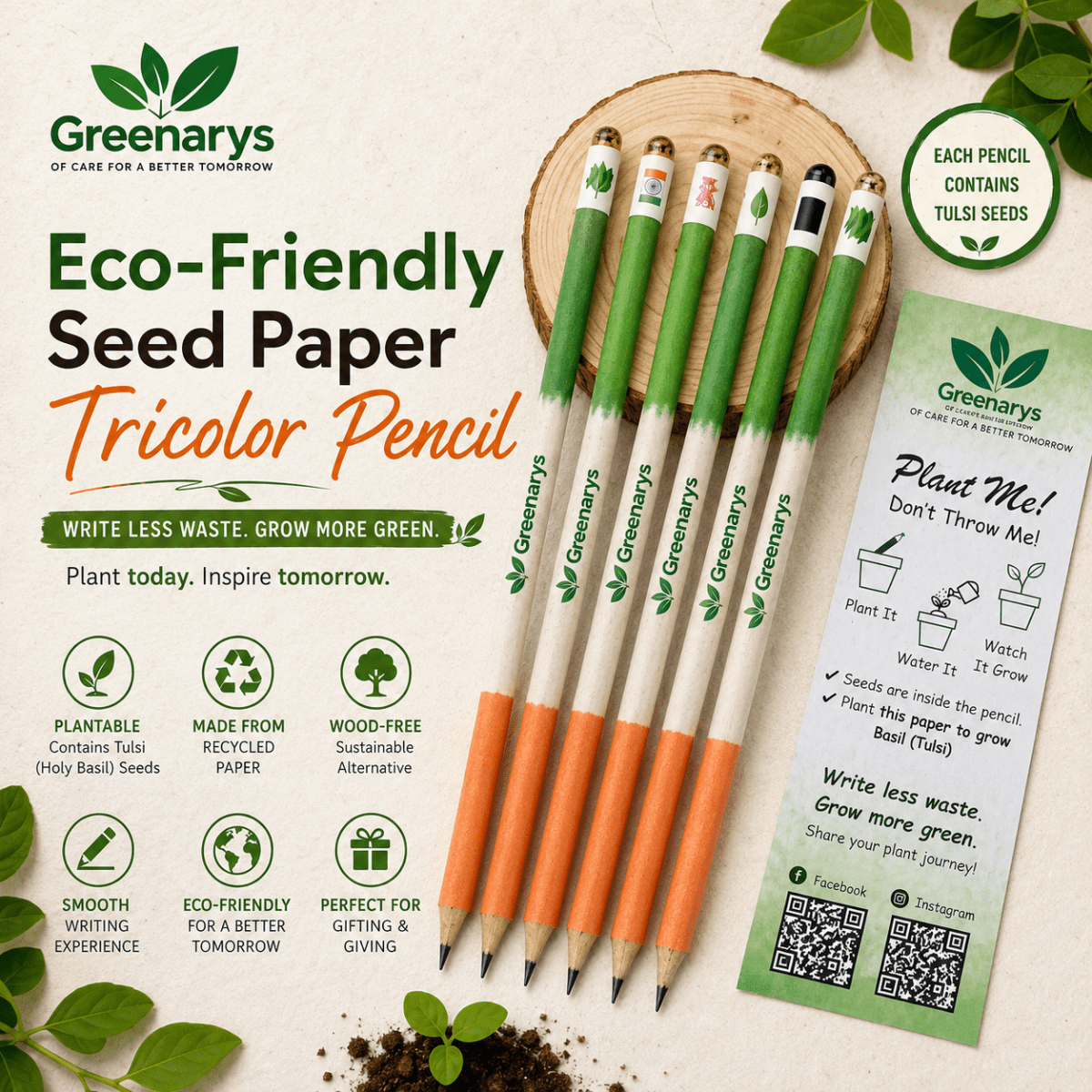 Greenarys Tri-Color Paper Seed Pencil | Recycled Paper Plantable Pencil Set Tiranga Color - Greenarys