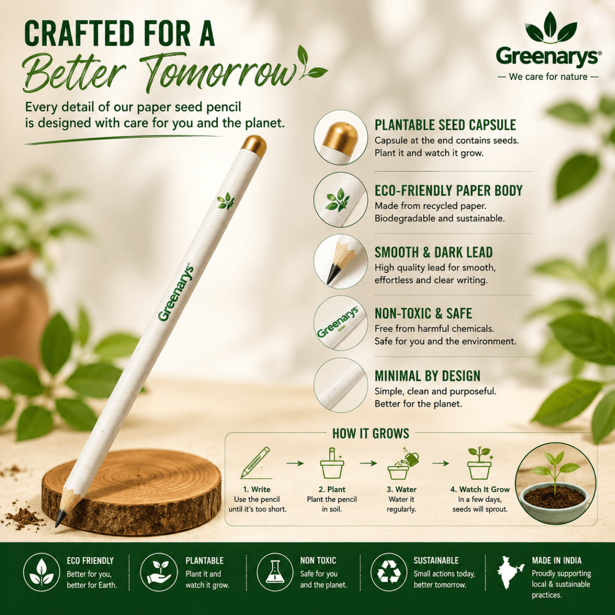 Greenarys White color Paper Seed Pencil | Recycled Paper Plantable Seed Pencil - Greenarys